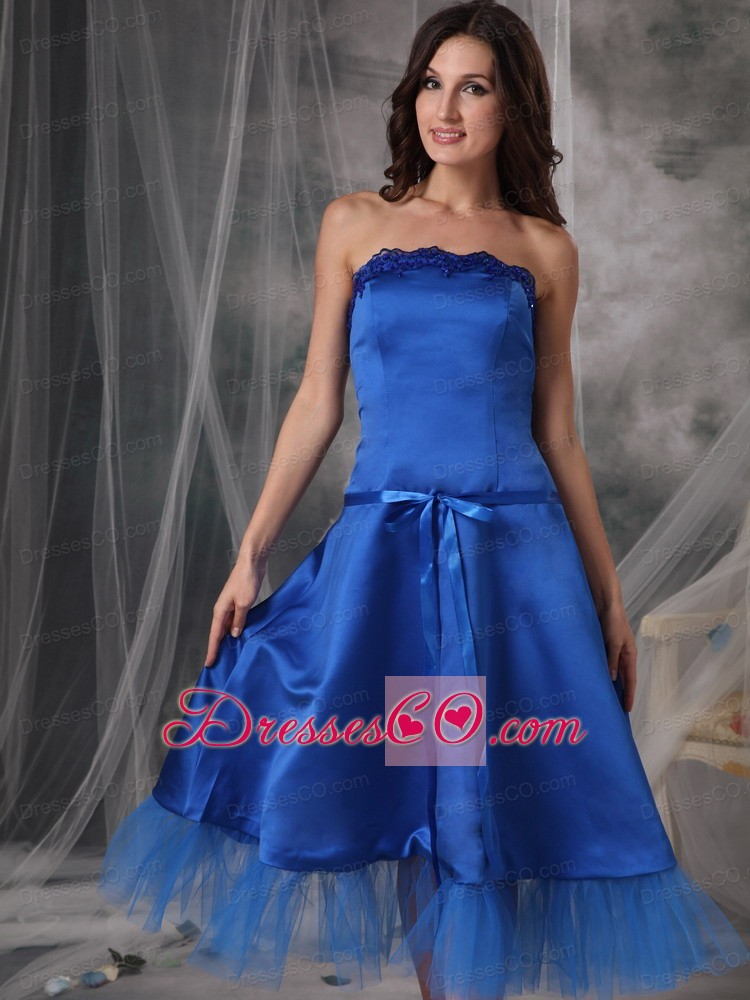 Beautiful Blue A-line / Princess Strapless Homecoming Dress Taffeta Sashes / Ribbons Tea-length