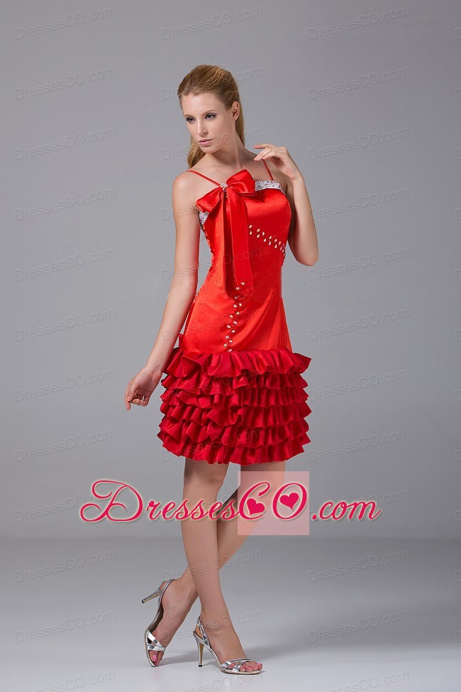 Beading And Bowknot Decorate Bodice Riffled Layers Red Taffeta Spaghetti Straps Knee-length Prom Dress