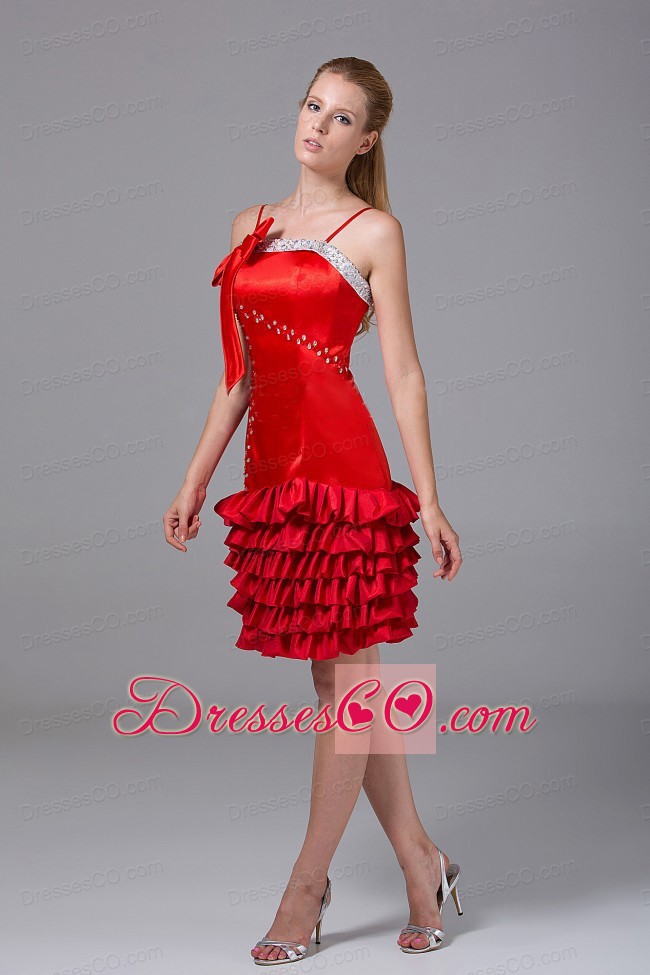 Beading And Bowknot Decorate Bodice Riffled Layers Red Taffeta Spaghetti Straps Knee-length Prom Dress