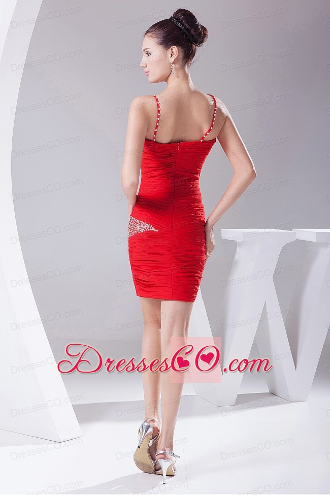 Beading And Ruching Decorate Bodice Red Chiffon Spaghetti Straps Mini-length Prom Dress