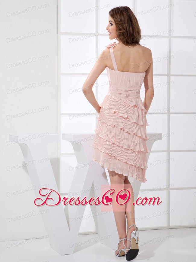 One Shoulder Pleat And Hand Made Flower Decorate Bodice Knee-length Light Pink Chiffon Prom Dress