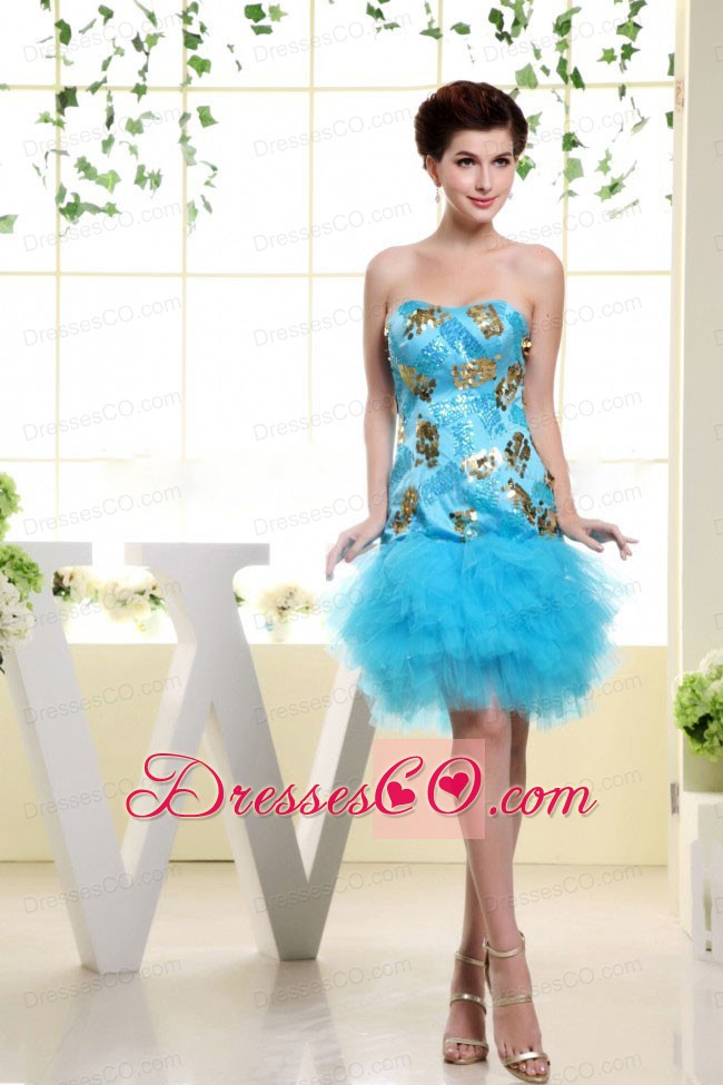 Baby Blue Appliques and Ruffles For Prom Dress With Mini-legth