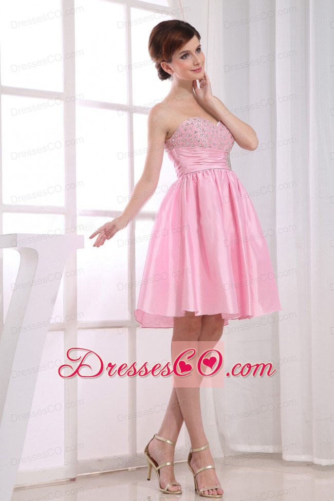 Beading Pink A-line Taffeta Knee-length Prom Dress