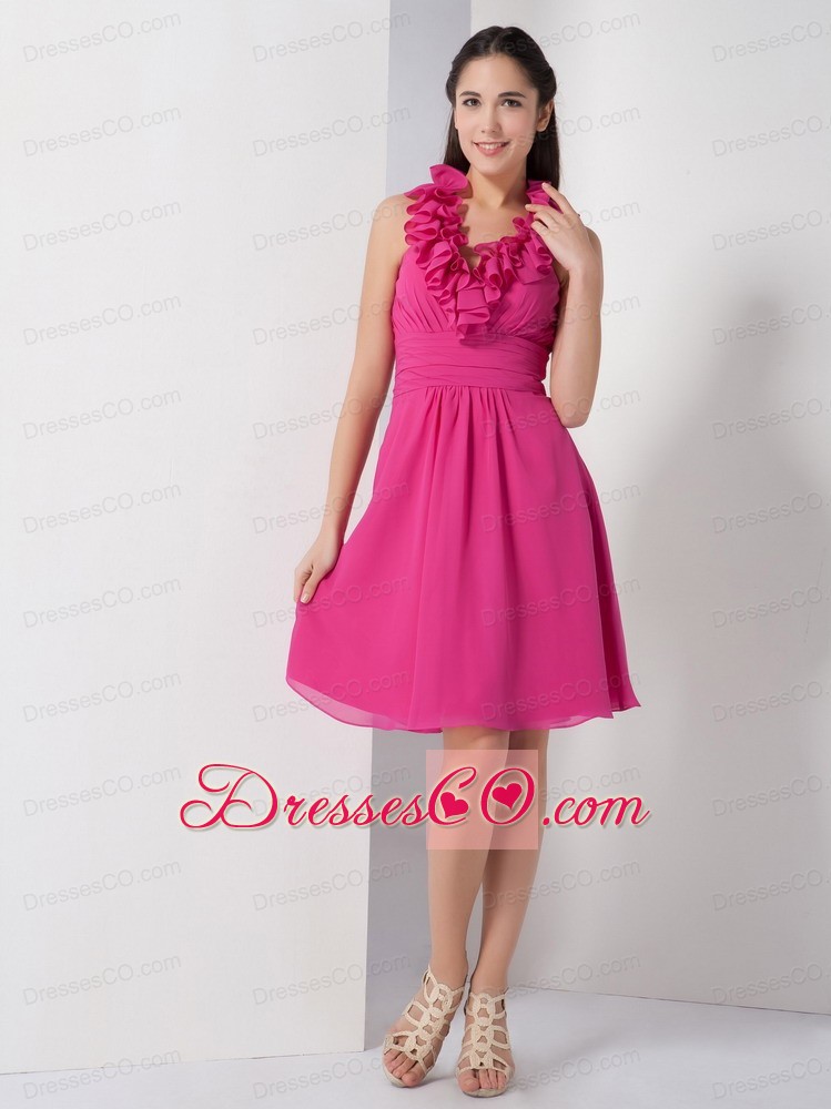 Hot Pink A-line Halter Homecoming Dress Chiffon Ruching Knee-length