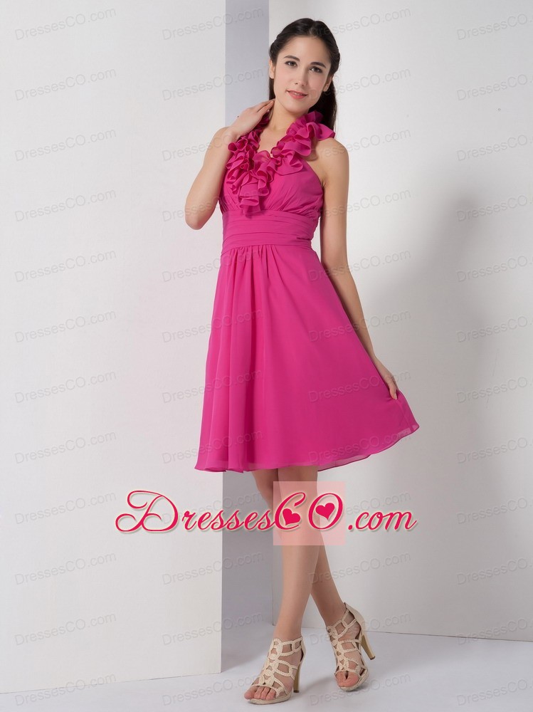 Hot Pink A-line Halter Homecoming Dress Chiffon Ruching Knee-length