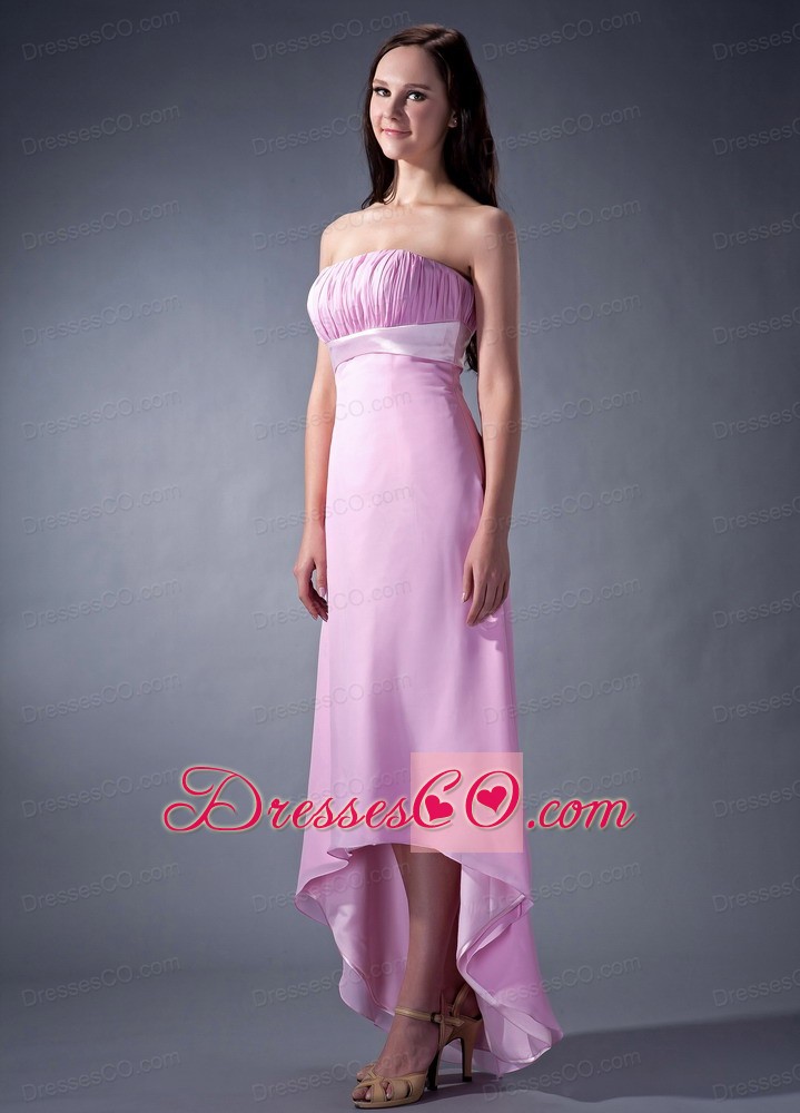 Remarkable Pink Cloumn Strapless Prom Dress Ruched High-low Chiffon