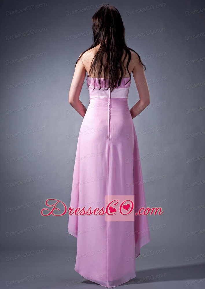 Remarkable Pink Cloumn Strapless Prom Dress Ruched High-low Chiffon