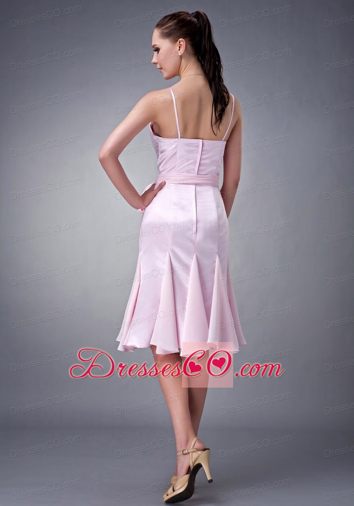 Baby Pink Column / Sheath V-neck Knee-length Chiffon Sash Bridesmaid Dress