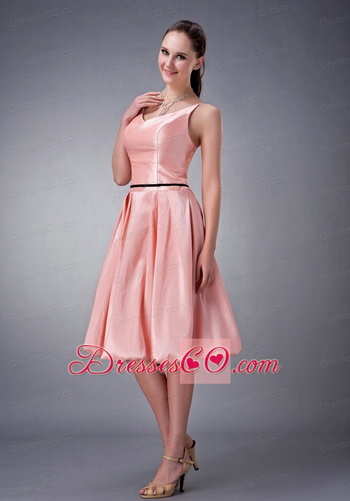Watermelon A-line / Princess V-neck Knee-length Taffeta Sash Bridesmaid Dress