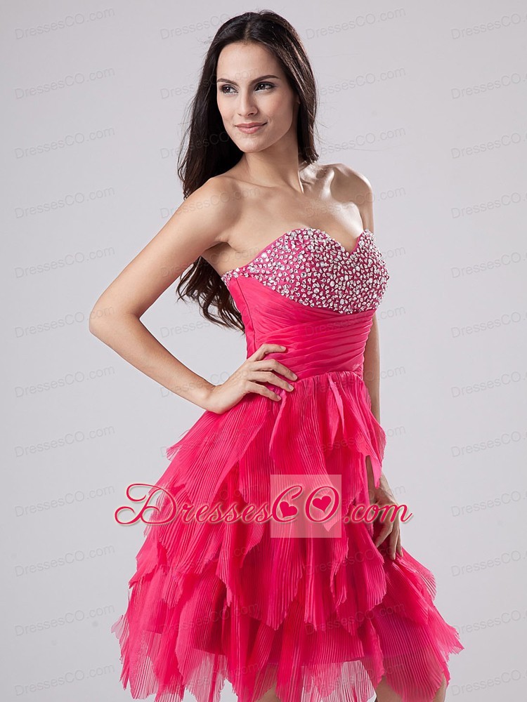 Beaded Decorate Bust For Coral Red Prom / Cocktail Dress With Ruffles Knee-length