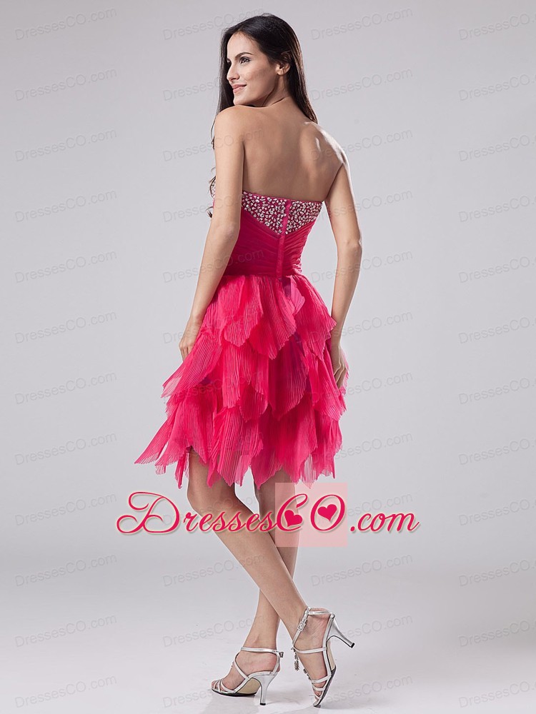 Beaded Decorate Bust For Coral Red Prom / Cocktail Dress With Ruffles Knee-length