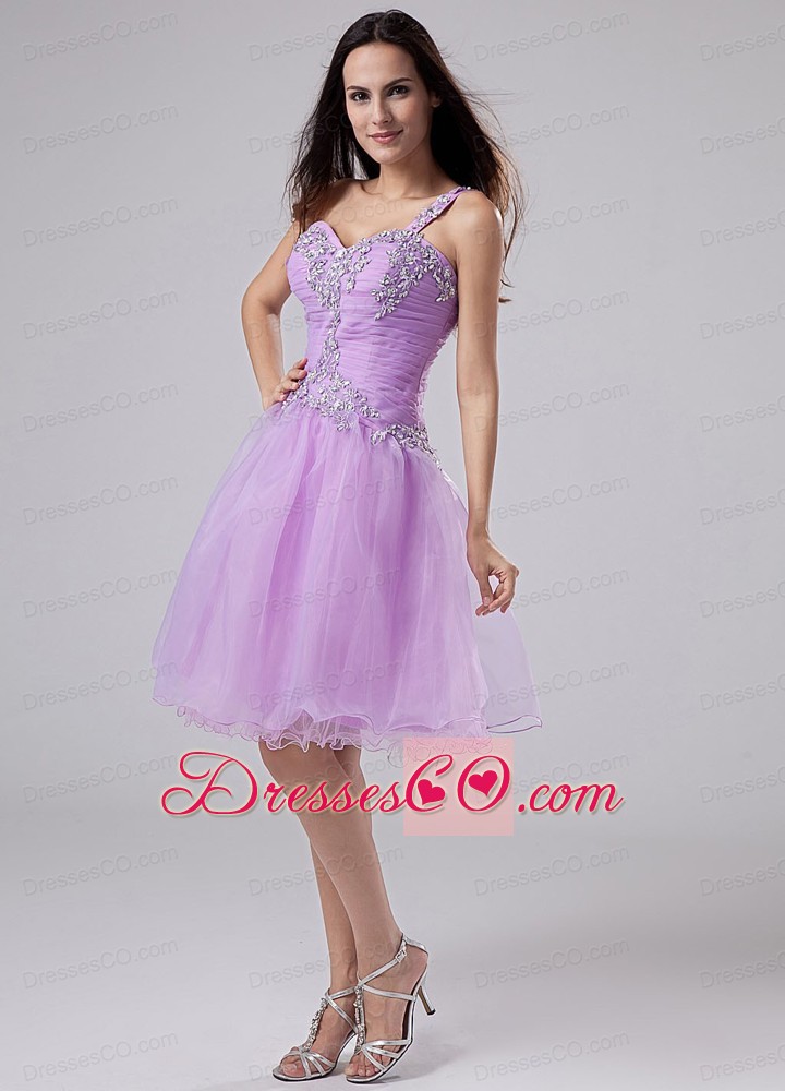 Popular One Shoulder Prom Homecoming Dress Lavender Appliques and Ruched Bodeice