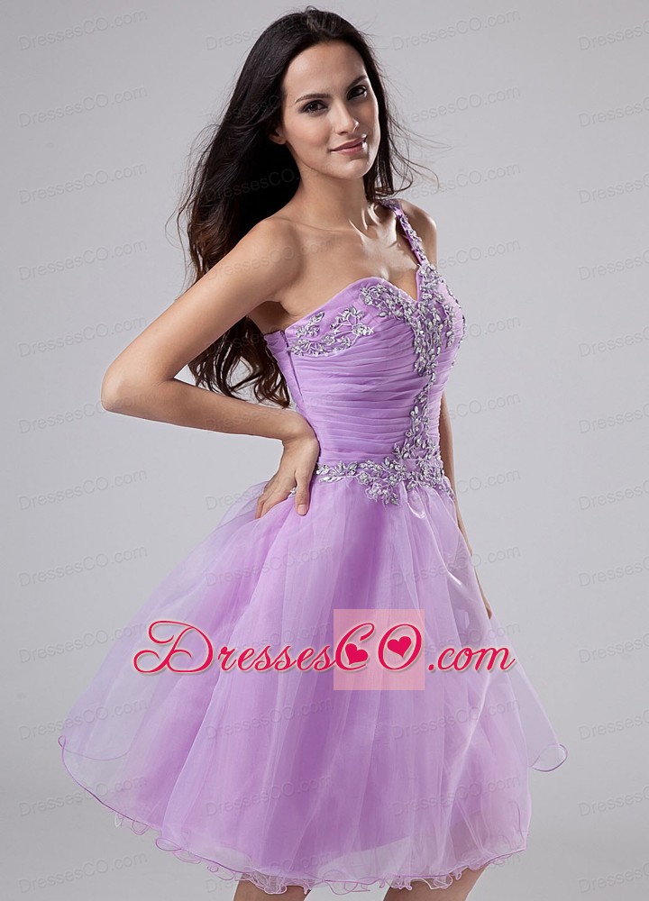 Popular One Shoulder Prom Homecoming Dress Lavender Appliques and Ruched Bodeice
