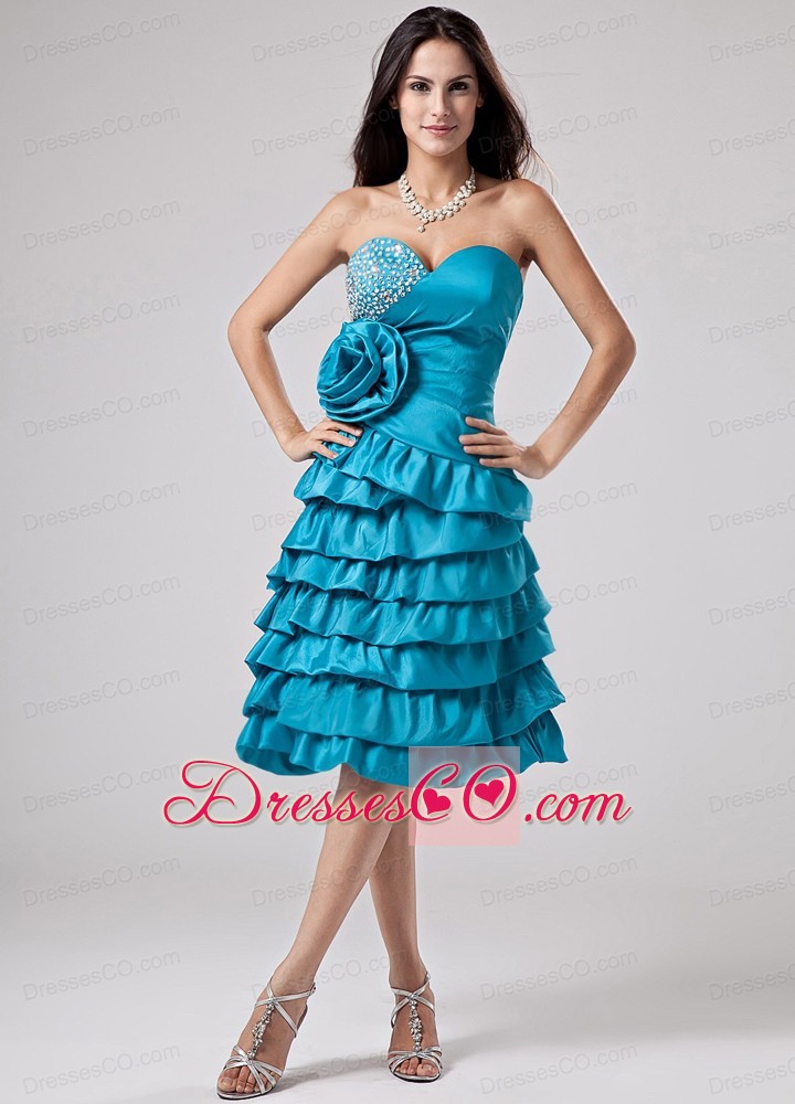 Luxurious Teal Prom Dress Ruffled Layers Hand Made Flower