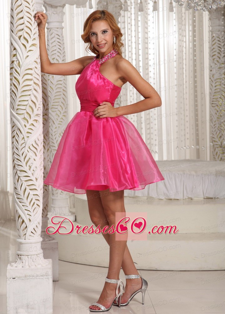 Custom Made Halter Hot Pink Mini-length Prom / Cocktail Dress With Beading Decorate