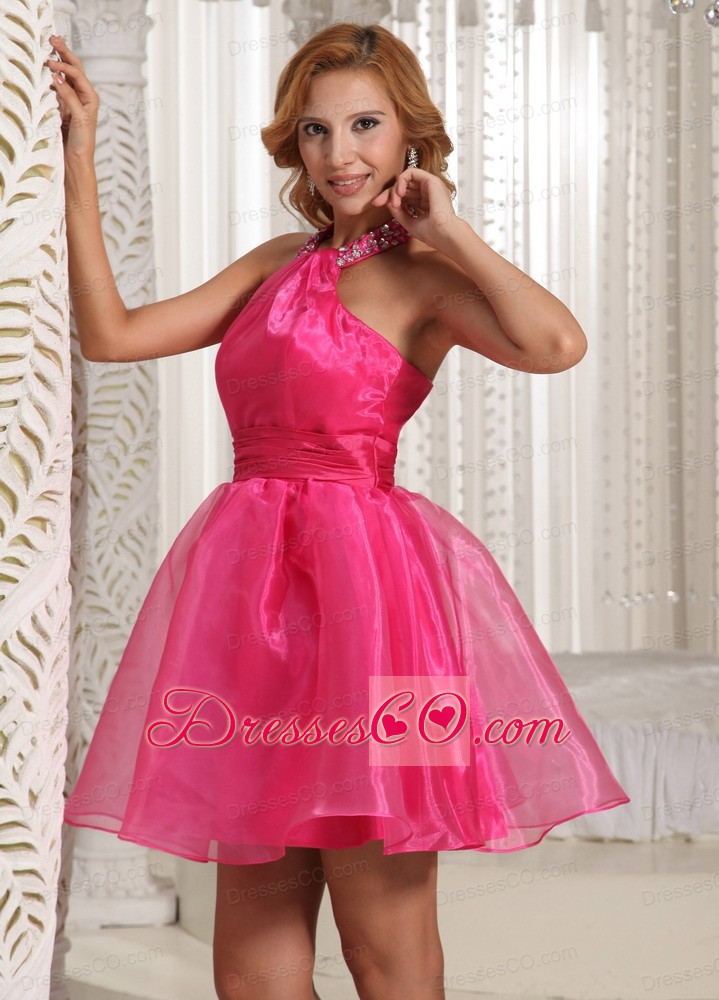 Custom Made Halter Hot Pink Mini-length Prom / Cocktail Dress With Beading Decorate