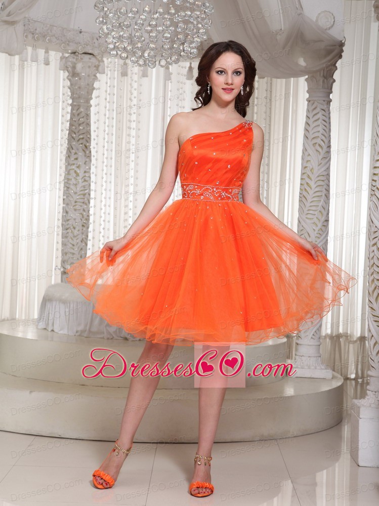 Lace-up Organza Orange Prom Dress With One Shoulder Beaded Drocrate In Summer