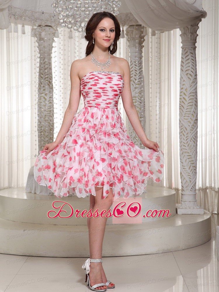 Strapless Beading Ruching Knee-length Printing Prom / Cocktail Dress