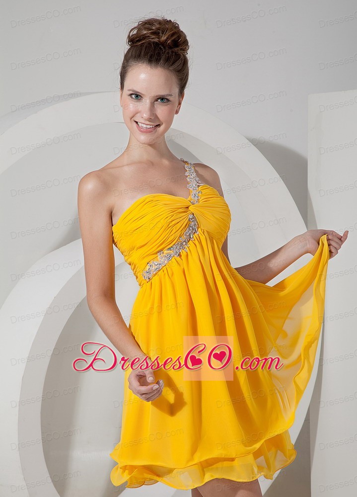 Yellow Empire One Shoulder Mini-length Chiffon Beading Prom / Homecoming Dress