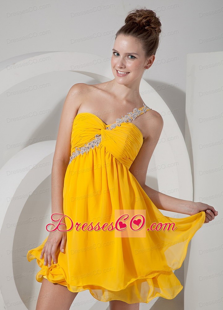 Yellow Empire One Shoulder Mini-length Chiffon Beading Prom / Homecoming Dress