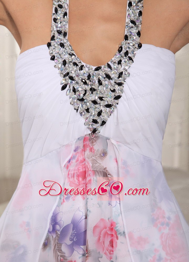 Printing Chiffon Beaded Decorate Halter Straps Prom Dress Cocktail Style