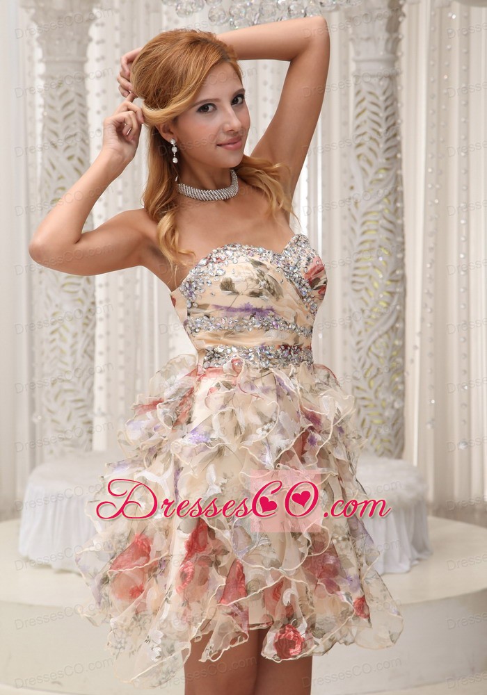 Beaded Decorate Neckline And Waist Colorful Printing Mini-length Prom / Homecoming Dress For 2013