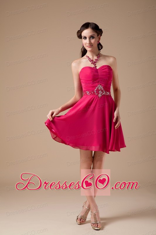 Formal Hot Pink Empire Cocktail Dress Chiffon Beading Mini-length