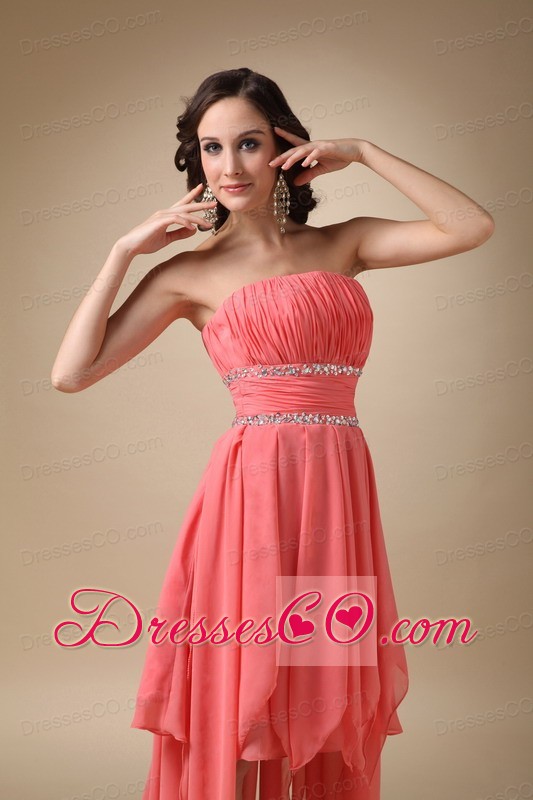 Watermelon Red A-line Strapless Asymmetrical Chiffon Beading Prom / Homecoming Dress