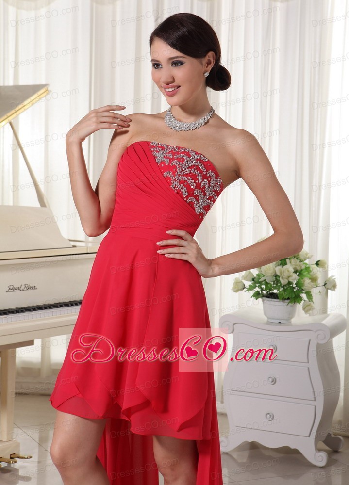 Red Chiffon High-low Homcoming / Cocktail Dress With Beading Decorate Strapless and Ruching