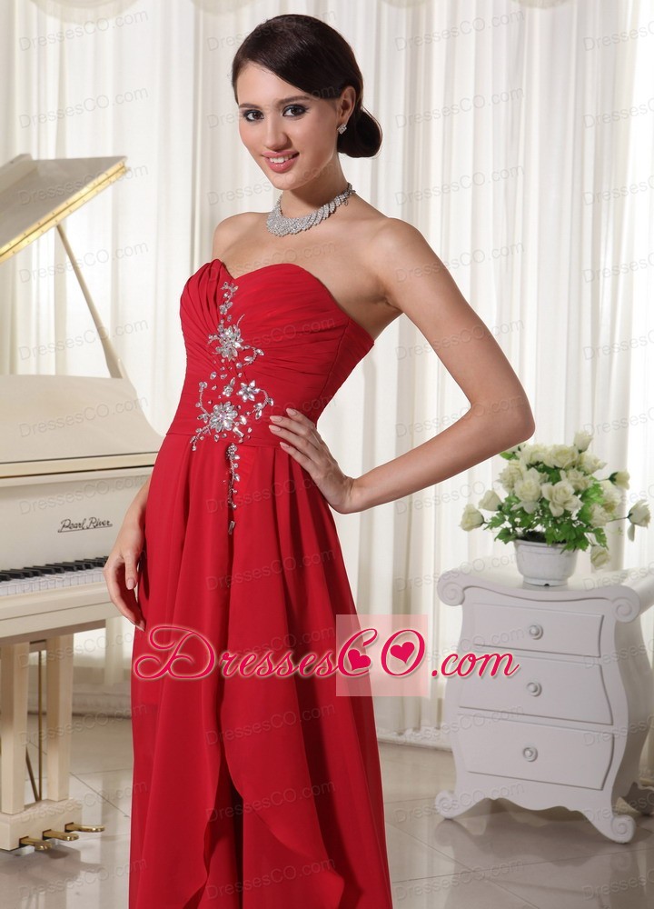High-low Beaded Chiffon Prom / Homecoming Dress Red Ruched
