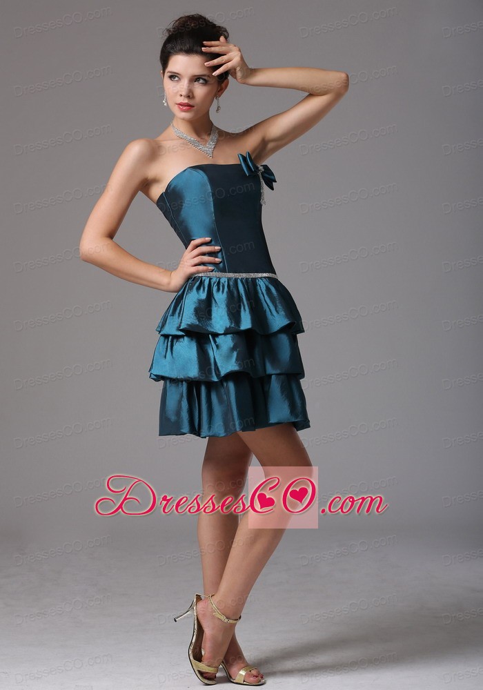 Custom Made A-line Ruffled Layers Prom Cocktail Dress With Bow Beading