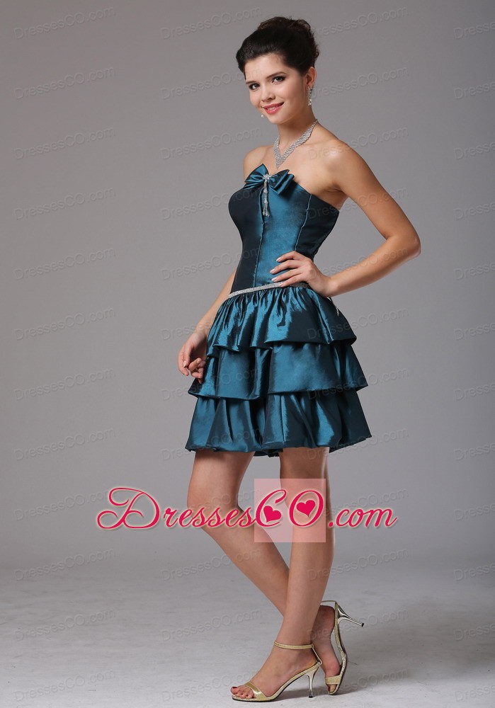 Custom Made A-line Ruffled Layers Prom Cocktail Dress With Bow Beading