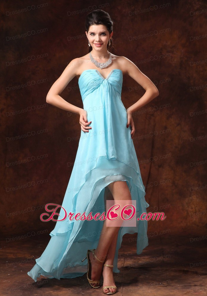 Aqua Blue High-low Empire Chiffon Dama Dress Quinceanera With Beading