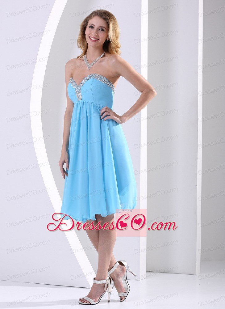Aqua Blue Chiffon Beaded Modest Dress A-line Knee-length