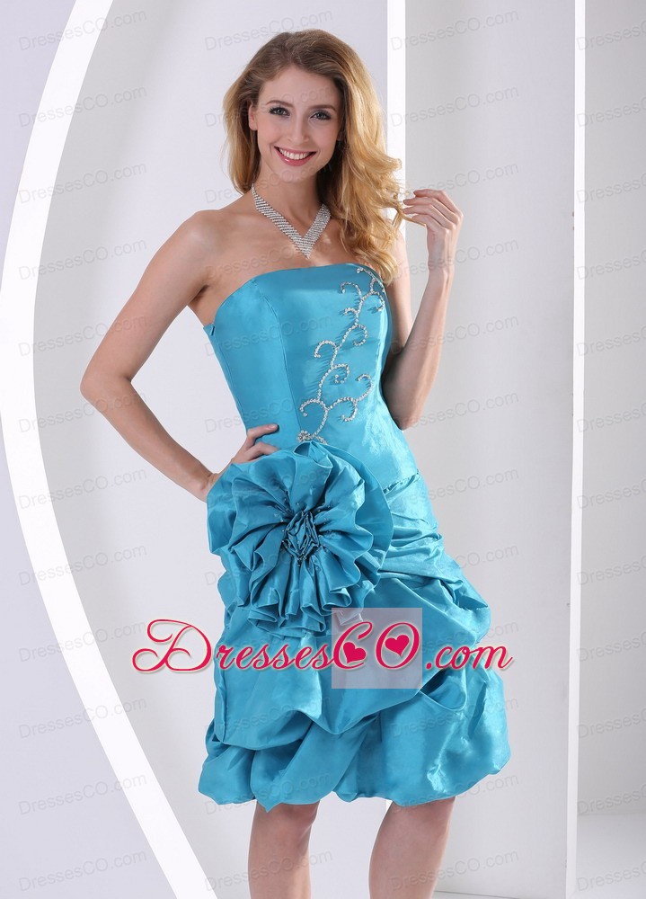 Turquoise Sheath Hand Made Flower Strapless Prom Dress With Appliques and Pick-ups