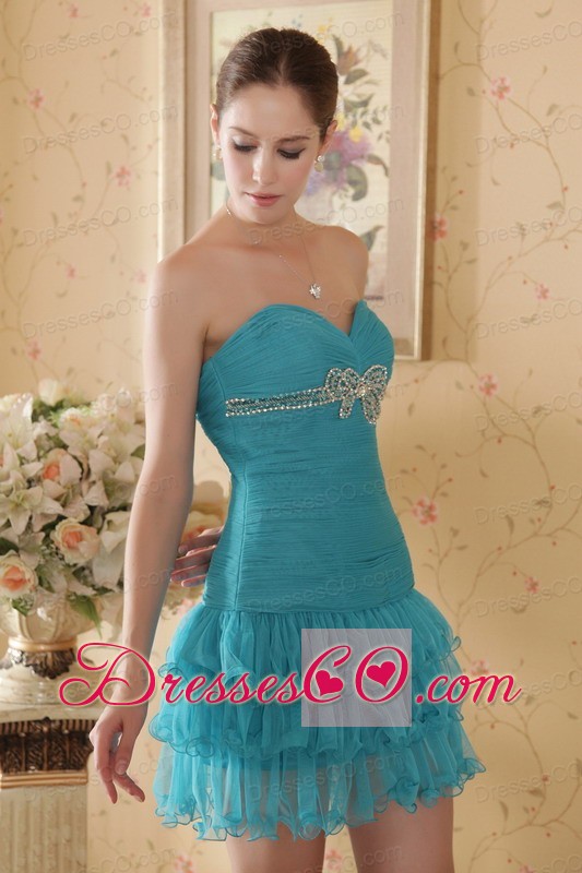 Teal Column Mini-length Organza Beading And Ruched Prom / Cocktail Dress