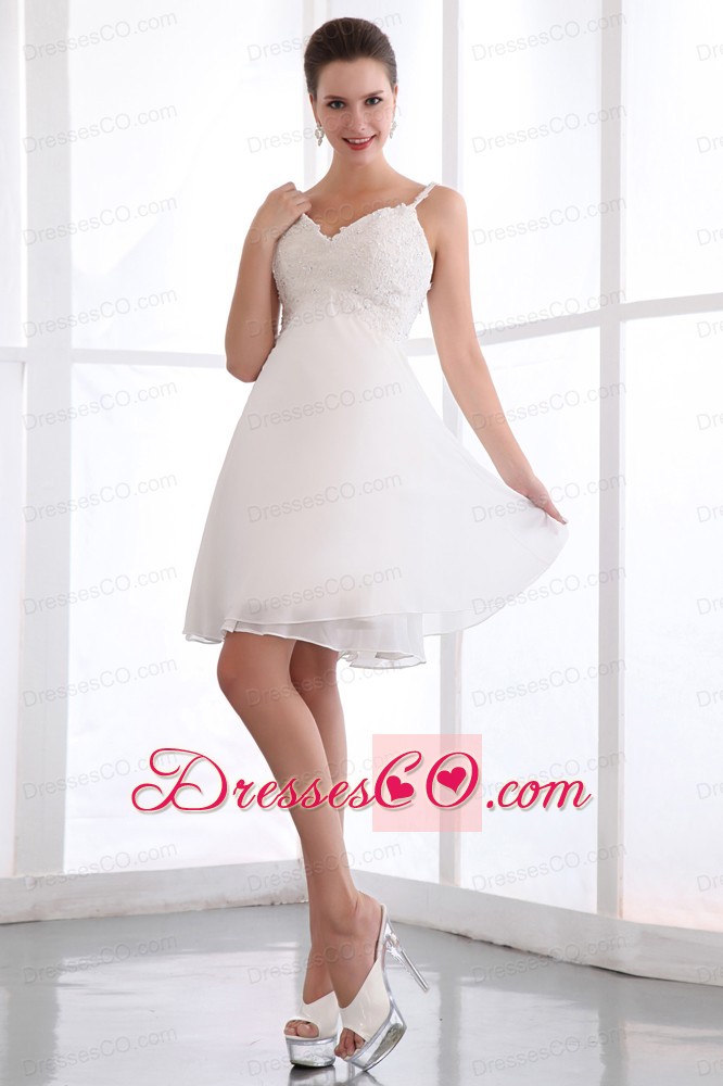 White Prom Dress A-line Spaghetti Straps Appliques Mini-length Chiffon
