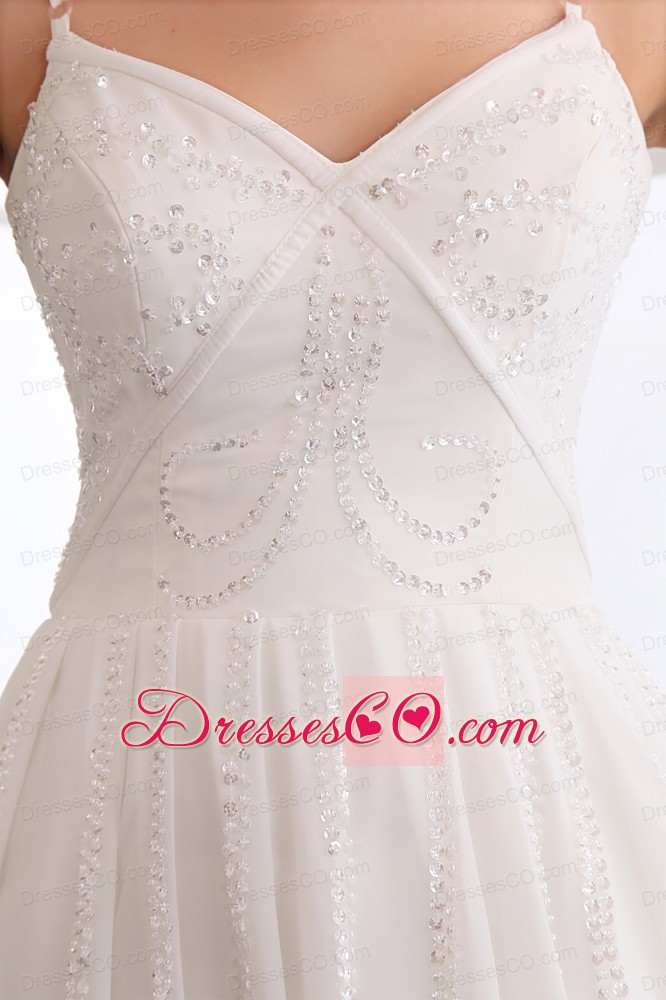 White A-line Straps Sequins Prom Dress Mini-length Chiffon