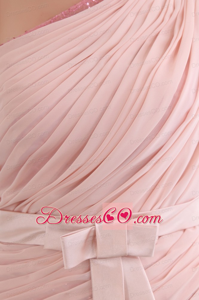 Baby Pink Column One Shoulder Short Prom Dress Chiffon And Sequin Bow Mini-length