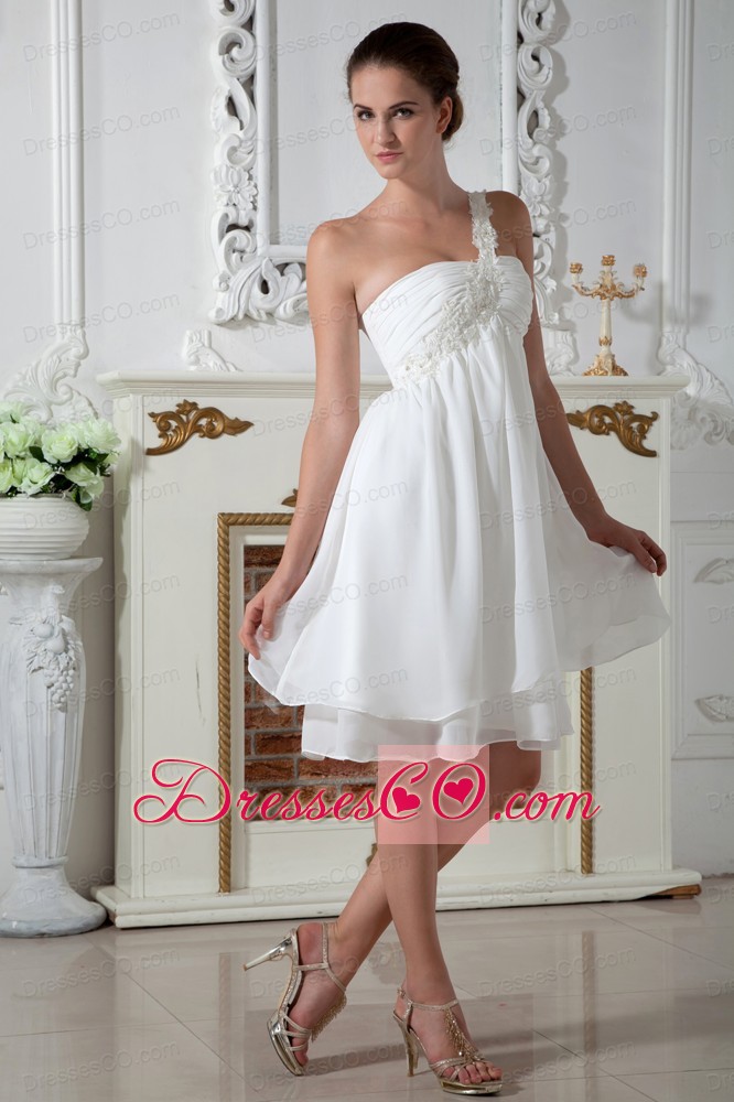 White Empire One Shoulder Appliques Short Prom Dress Knee-length Chiffon