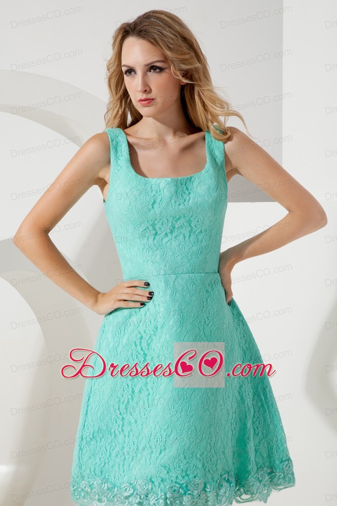 Turquoise A-line / Princess Square Bridesmaid Dress Mini-length Lace