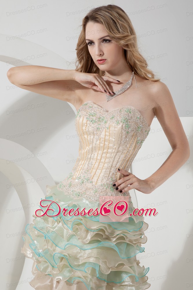 Champagne And Aqua A-line / Princess Beading And Embroidery Short Prom Dress Mini-length Organza