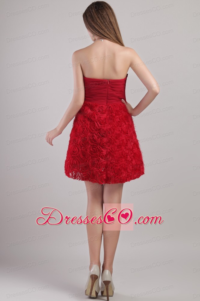 Wine Red A-line Strapless Mini-length Rolling Flowers Prom / Cocktail Dress