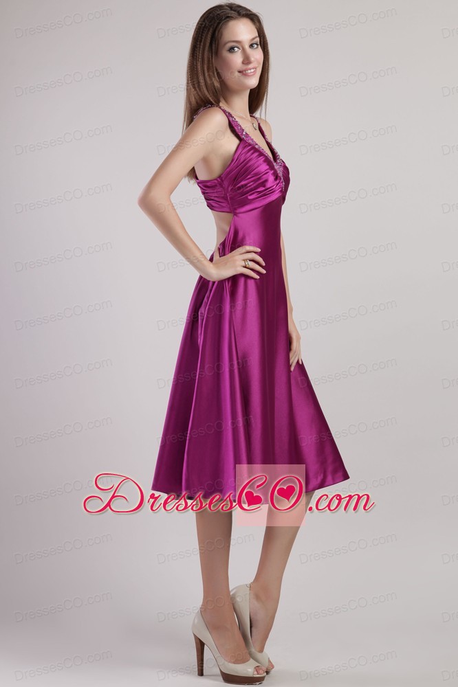 Fuchsia Empire V-neck Ankle-length Elastic Woven Satin Beading Prom / Pageant Dress