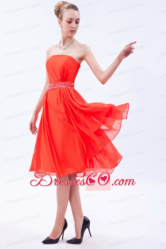 Red Empire Strapless Prom Dress Chiffon Beading Knee-length