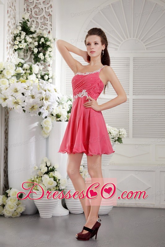 Coral Red Column One Shoulder Short Chiffon Appliques and Ruching Prom   Dress