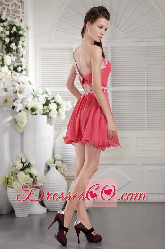 Coral Red Column One Shoulder Short Chiffon Appliques and Ruching Prom   Dress