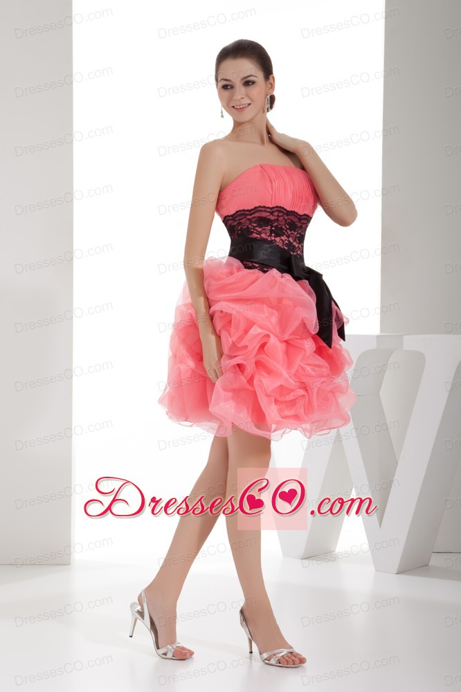 Lace and Pick Up Column Strapless Short Watermelon Prom Dress