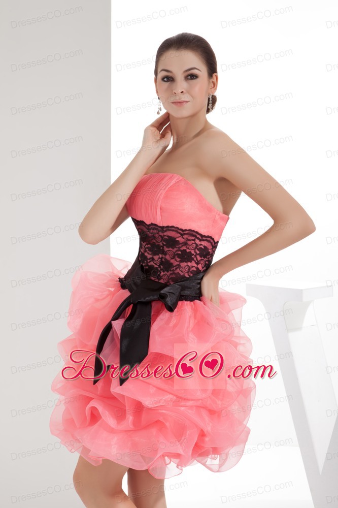 Lace and Pick Up Column Strapless Short Watermelon Prom Dress