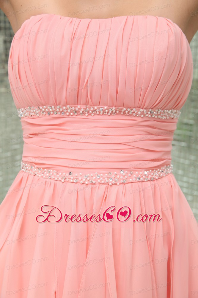 Strapless Asymmetrical Baby Pink Beading Prom Dress